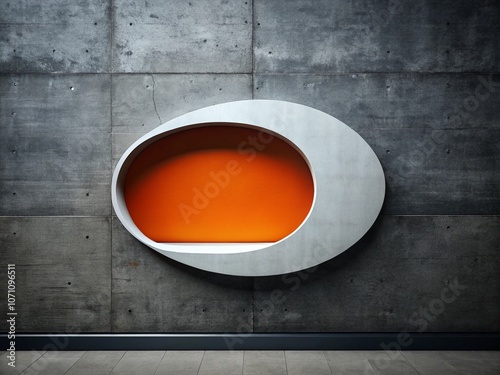 Minimalist Urban Exploration Design Featuring a White Oval Shape Against a Dark Grey Background with an Orange Outline and a Black Circular Hole at the Center photo