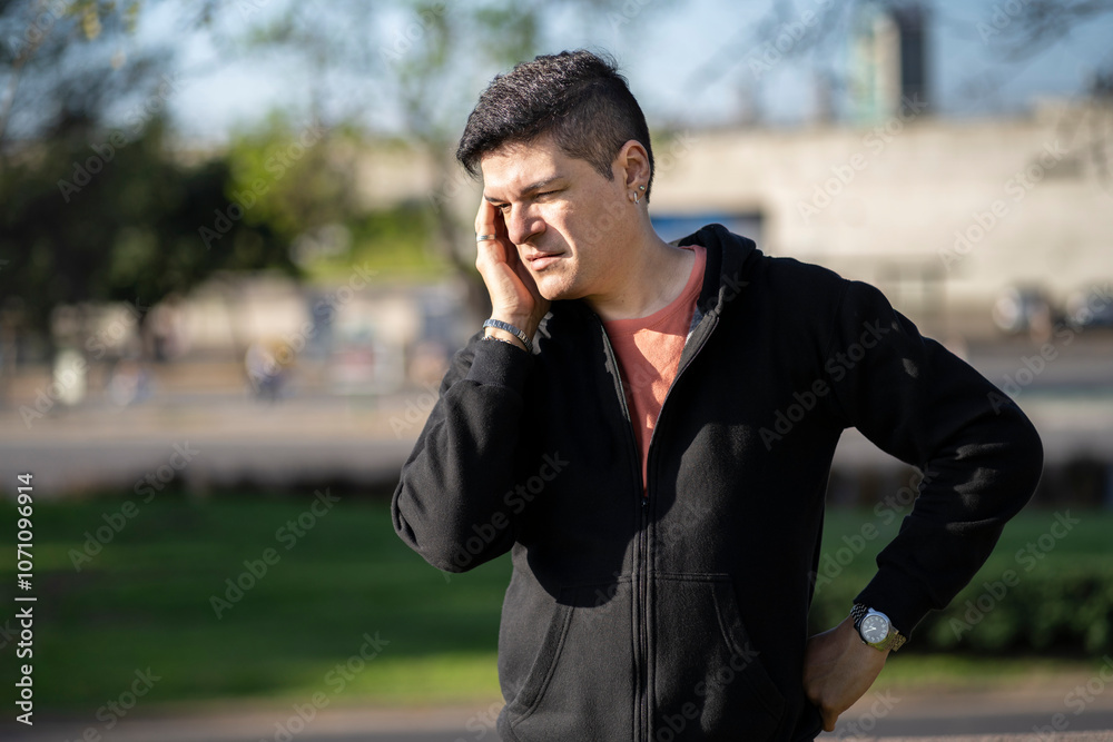 Stressed and tired man touches his head because of a headache