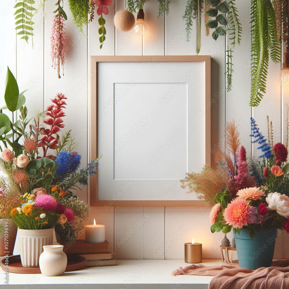 Fototapeta premium blank frame photo mockup empty picture frame on wall