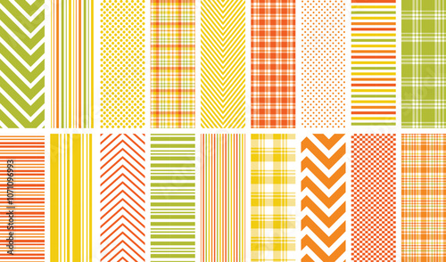 Summer seamless pattern set. 18 repeating patterns for fabric, backgrounds, apparel, paper, scrapbooking, gift wrap, and more. Green, yellow, orange. Citrus colors. Spring