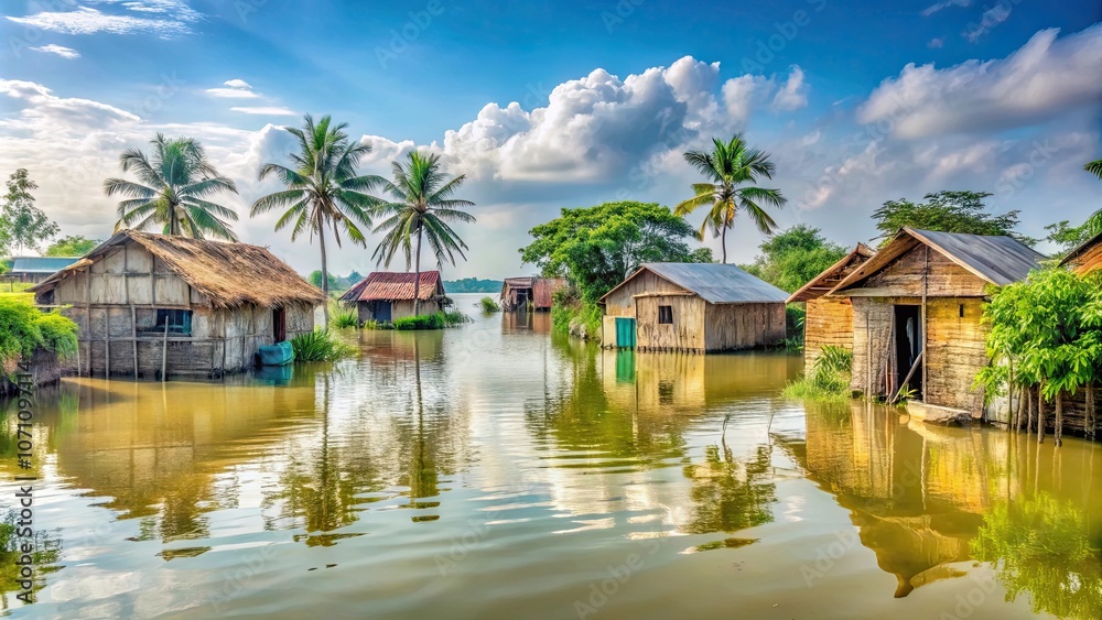 Flooded village with homes submerged in water in Northern Bangladesh, flood, disaster, village, water Flooded village with homes submerged in water in Northern Bangladesh, flood, disaster, village, water