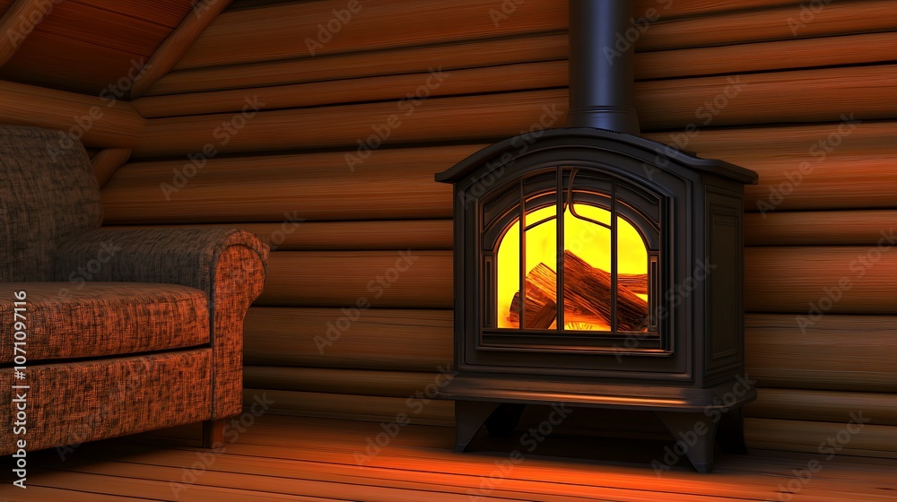 A cozy cabin interior featuring a wood stove and a comfortable chair. A cozy cabin interior featuring a wood stove and a comfortable chair.