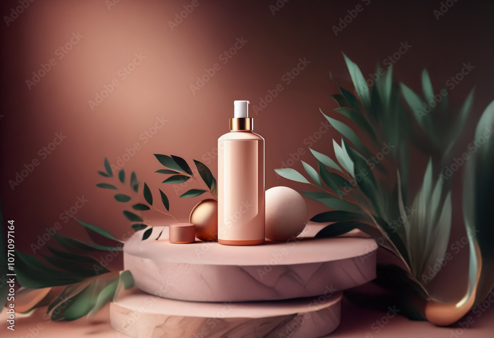 A gold bottle with a spray nozzle is displayed on a wooden platform with green leaves and round orbs, all against a brown background. A gold bottle with a spray nozzle is displayed on a wooden platform with green leaves and round orbs, all against a brown background.