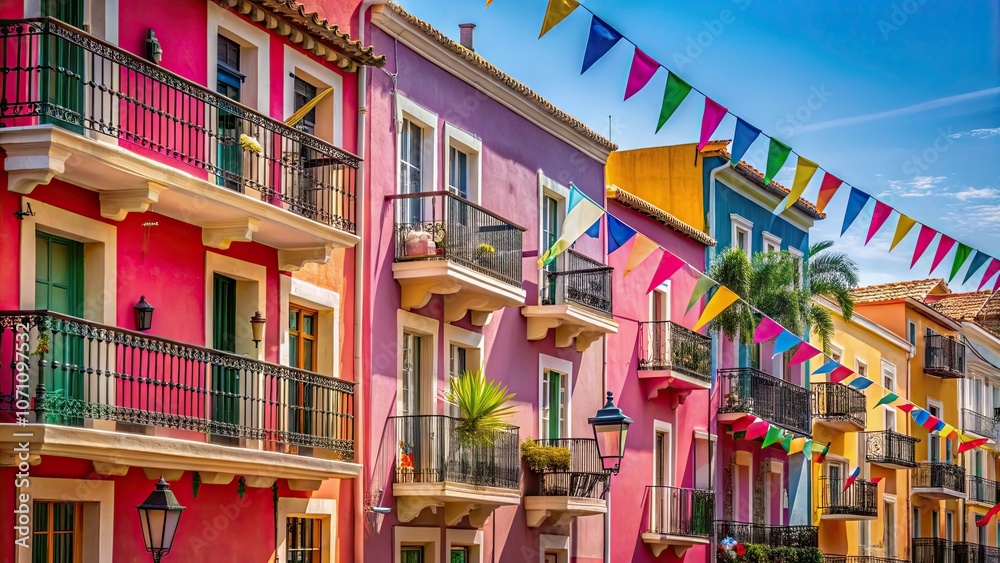 Fototapeta premium Charming row of pink buildings with elegant balconies and colorful flags, pink, buildings, balconies, flags, colorful