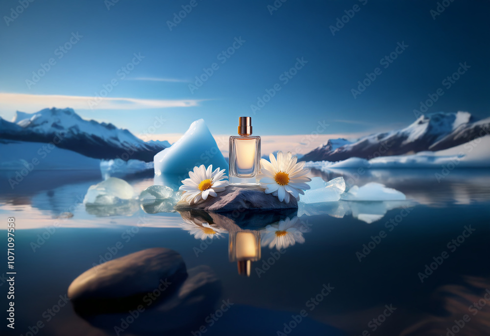 Naklejka premium A perfume bottle sits on a rock surrounded by glacial ice and water with two daisies in the foreground.