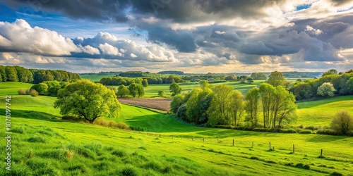 Dutch landscape with green grass, leafy trees, hills, and cloudy sky in nature reserve Epen Bronnenland photo