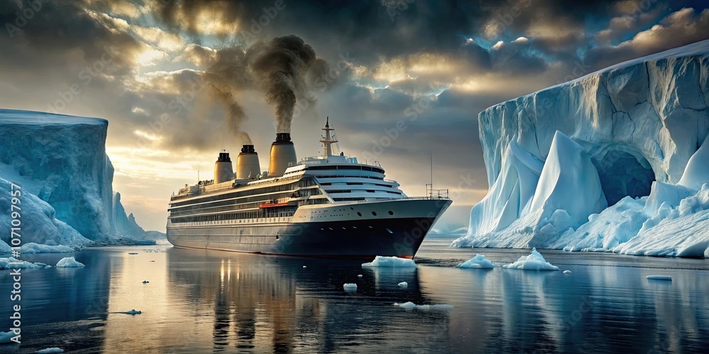 Fototapeta premium Huge steam transatlantic passenger cruise liner navigating through icebergs in the dark night winter sea