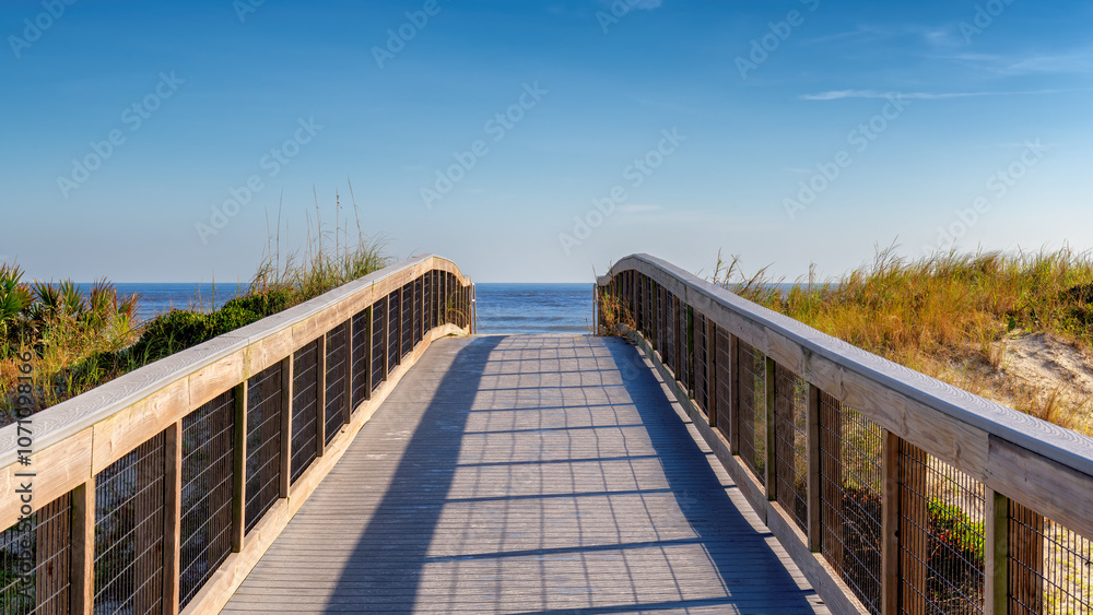 Elevated boardwalk trail in New Smyrna Dunes Park in sunny day in New Smyrna Beach, Florida Elevated boardwalk trail in New Smyrna Dunes Park in sunny day in New Smyrna Beach, Florida
