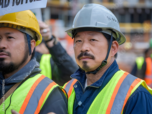 Trabajadores asiáticos en una protesta photo