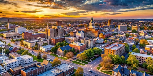 A dramatic aerial view of the downtown area of Lancaster, Pennsylvania during sunset , Lancaster, Pennsylvania