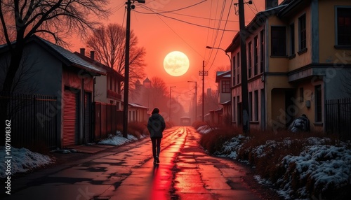 A solitary figure walks down a glistening street illuminated by a vibrant sunset in a quiet neighborhood during winter