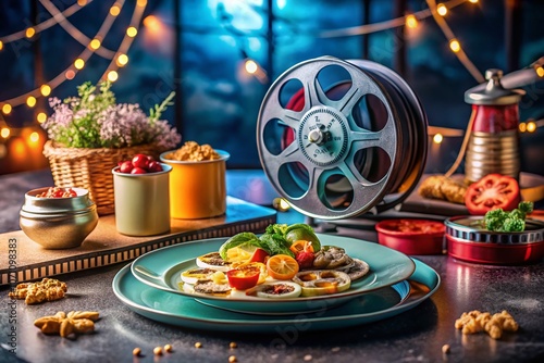 Modern Cinematic Nostalgia: Retro Movie Reel and Gourmet Cuisine in a Chic Minimalist Setting with Soft Lighting and Elegant Tableware for an Inviting Dining Experience photo