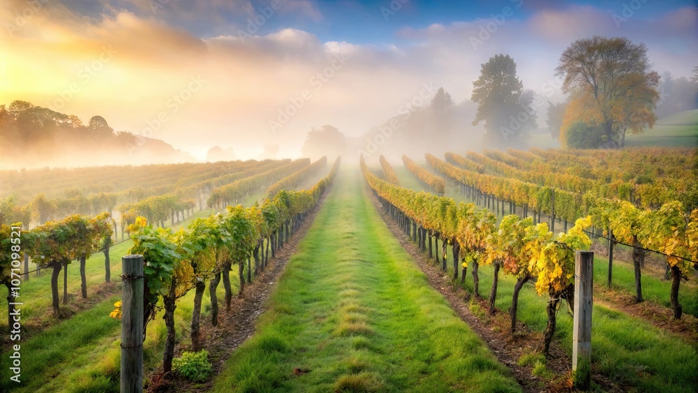 Naklejka premium Misty vineyard in Surrey, England with rows of grapevines disappearing into the fog , Vineyard, misty, fog