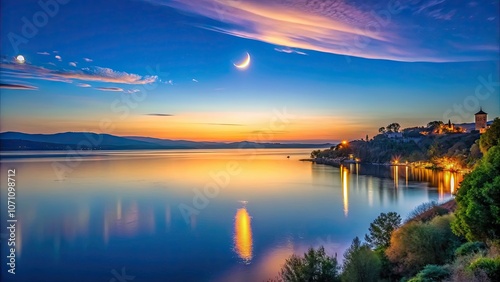 Tranquil crescent moon over Bracciano Lake at sunset in Trevignano Romano, Italy, moon, waxing phase, serene, calm waters