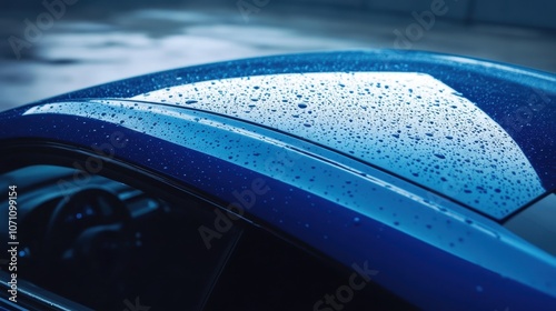 Close-up of Raindrops on a Blue Car Roof