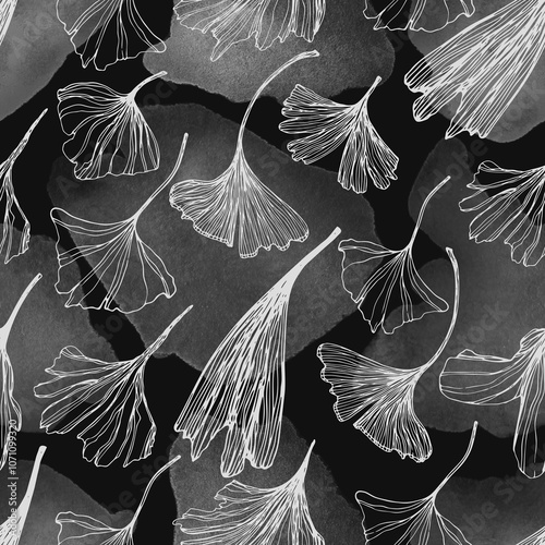 Leaves of Ginkgo Biloba on a black background. Seamless pattern. Can be used for wallpaper, pattern fills, textile, web page, surface, textures.