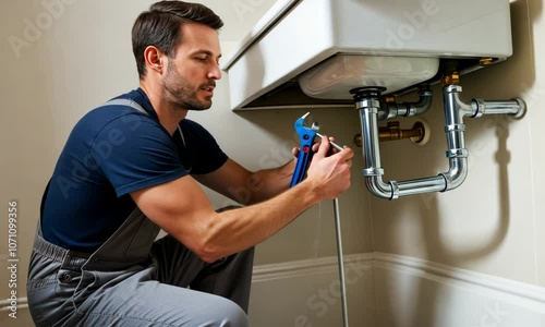 Male plumber fixing leak in domestic bathroom sink. Plumber uses a wrench to tighten the pipe fittings under a sink