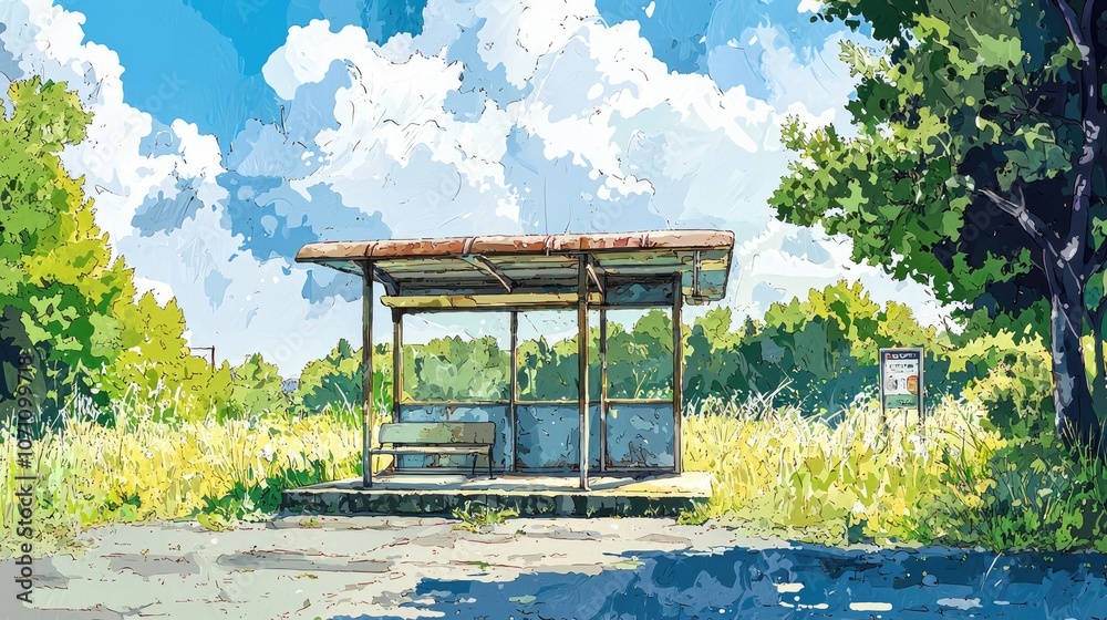 Obraz premium A rustic bus stop with a bench sits in a field of tall grass under a bright blue sky with puffy white clouds.