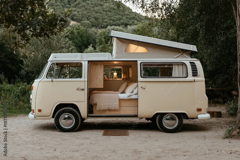 Fototapeta premium Journey on wheels: van life as joyful adventure, blending excitement of travel with simplicity of living on the road, focusing on thrill of exploration and pursuit of new experiences.