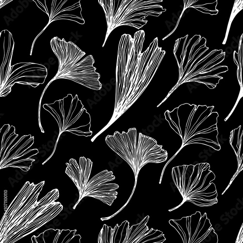 Leaves of Ginkgo Biloba on a black background. Seamless pattern. Can be used for wallpaper, pattern fills, textile, web page, surface, textures.