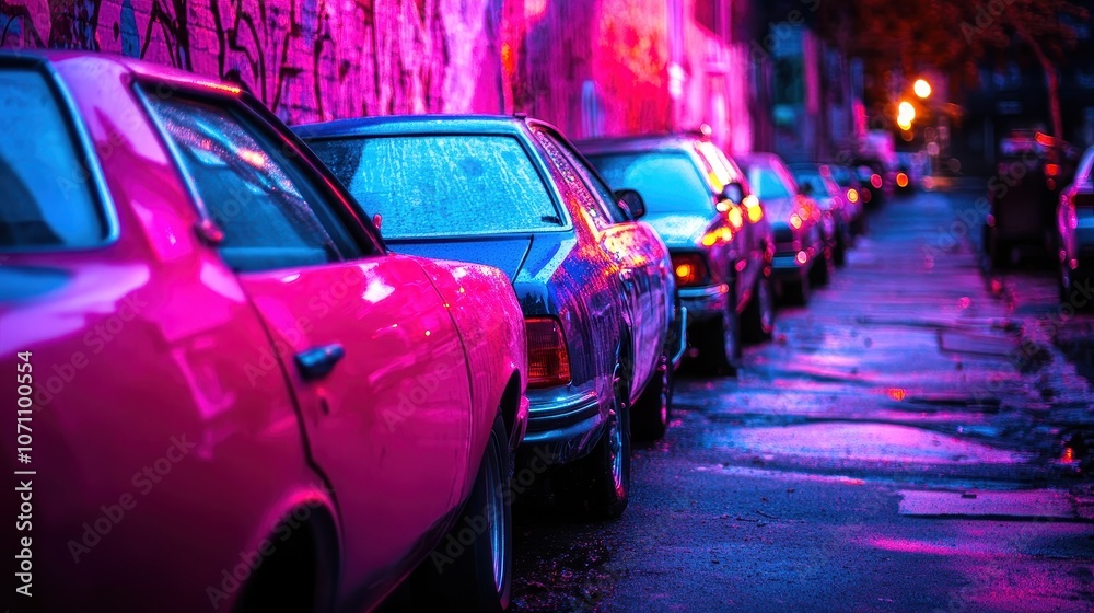 Colorful Urban Street at Night with Classic Cars Colorful Urban Street at Night with Classic Cars
