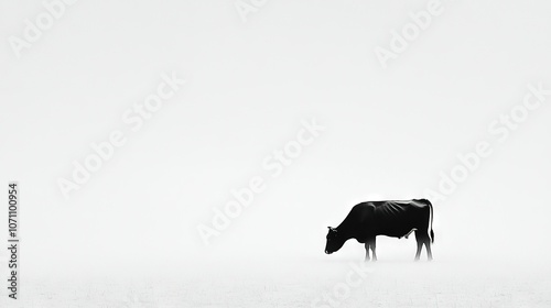  A monochrome image of a cow standing in a snowy field with a clear blue sky overhead