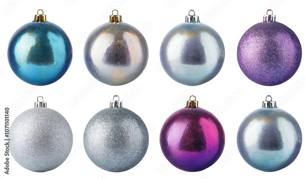 A set of silver iridescent Christmas balls isolated on a transparent background, perfect for festive holiday decor. Sparkling, shiny baubles ideal for tree decorations or seasonal design projects. A set of silver iridescent Christmas balls isolated on a transparent background, perfect for festive holiday decor. Sparkling, shiny baubles ideal for tree decorations or seasonal design projects.
