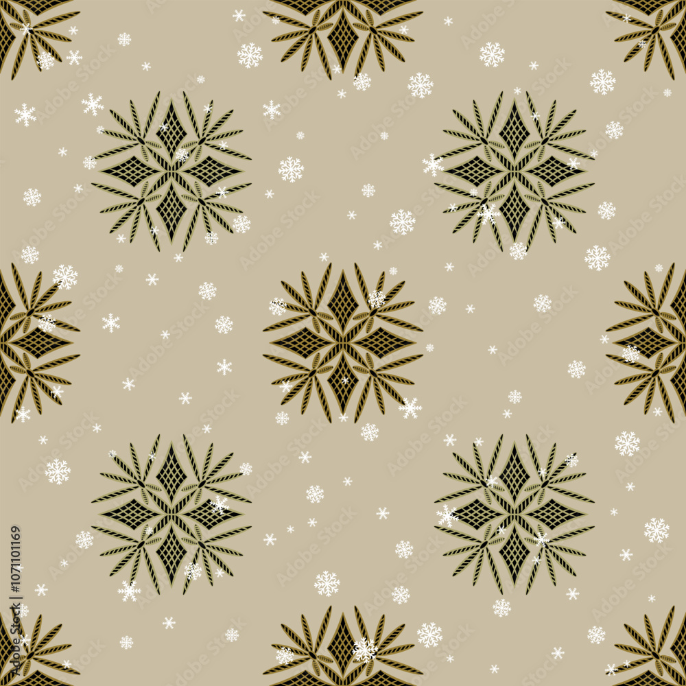 Seamless seasonal winter pattern with beautiful geometrical mandalas and snowflakes. Christmas design. Seamless seasonal winter pattern with beautiful geometrical mandalas and snowflakes. Christmas design.