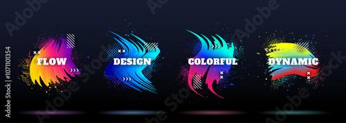 Vector illustration. Modern art graphic. Dynamic frame set with paint splash and halftone dots. 3d flowing gradient colorful wave. Element for design event invitation, gift card, flyer, cover, voucher