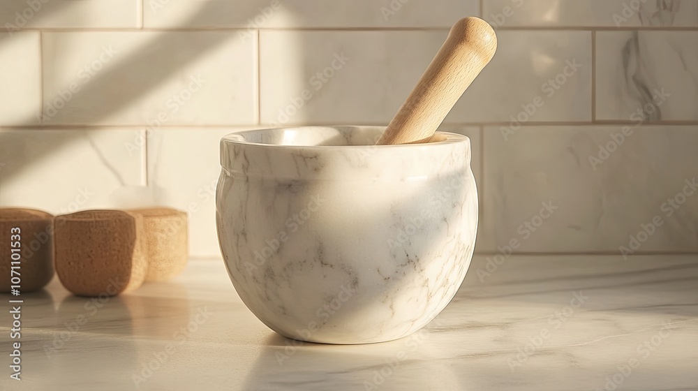 Elegant Marble Mortar and Pestle in Natural Light Elegant Marble Mortar and Pestle in Natural Light
