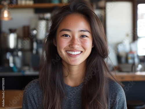 Smiling Woman in a Cafe.