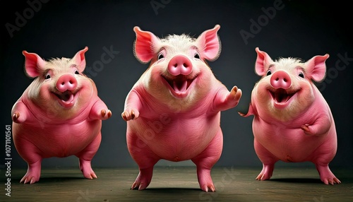 Pigs on the floor. Happy pigs dancing on the floor