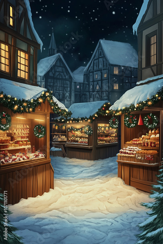 A winter scene with a Christmas market with a Christmas tree in the background