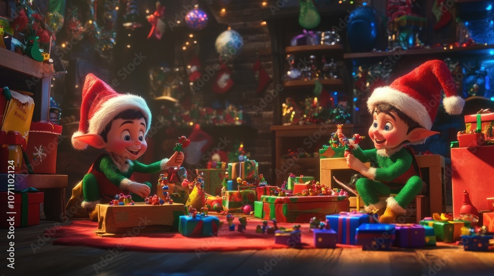 Elves making toys in Santa's workshop, surrounded by brightly colored packages, toys, and holiday cheer 