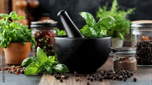 Fresh Basil and Cooking Ingredients in a Rustic Setting
