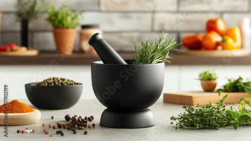 Fresh Herbs and Spices in Modern Kitchen Setting photo