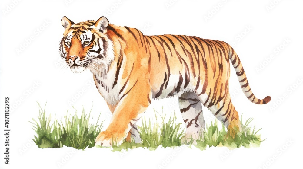 Obraz premium Fierce Bengal Tiger Walking Through Lush Grass