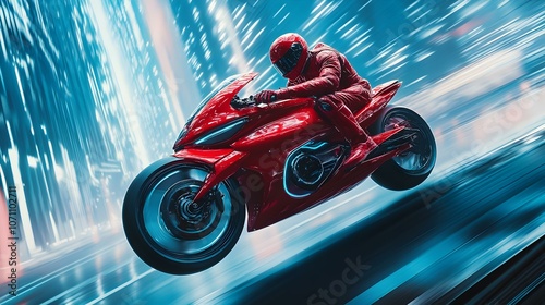 Futuristic Motorcycle Rider in Red Gear Navigates a High-Tech Urban Environment photo