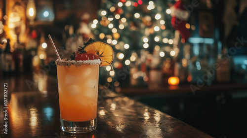 A festive drink with a garnish of berries sits on a bar counter