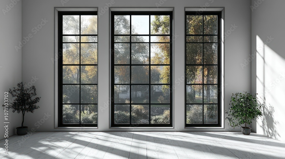 A sleek black-framed window with minimalist design, set on a white background. A sleek black-framed window with minimalist design, set on a white background.