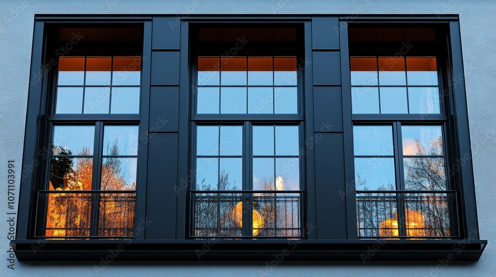 A sleek industrial window with black metal grids, shown on a clean white background. A sleek industrial window with black metal grids, shown on a clean white background.