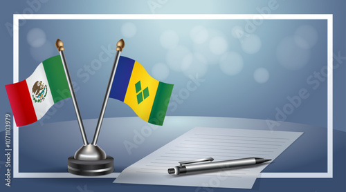 Mexico and ST. Vincent Grenadines Small national flag on bokeh background, cooperative relationship