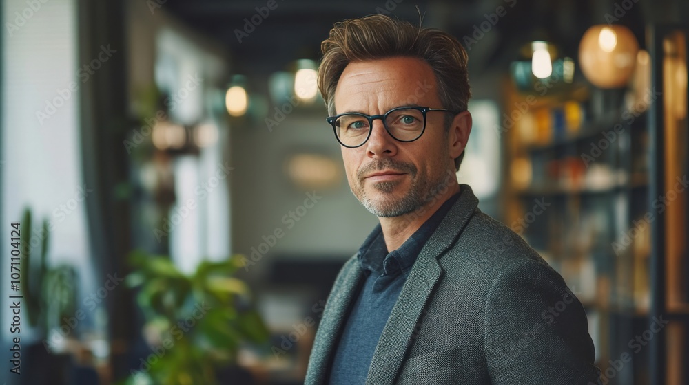 Confident Middle-Aged Man in Stylish Attire Posing in a Modern Workspace Confident Middle-Aged Man in Stylish Attire Posing in a Modern Workspace