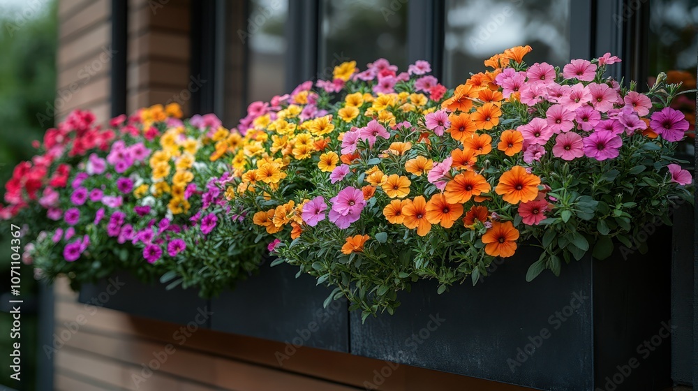 A small urban balcony with hanging pots of petunias and daisies, shown in ultra-high definition. A small urban balcony with hanging pots of petunias and daisies, shown in ultra-high definition.