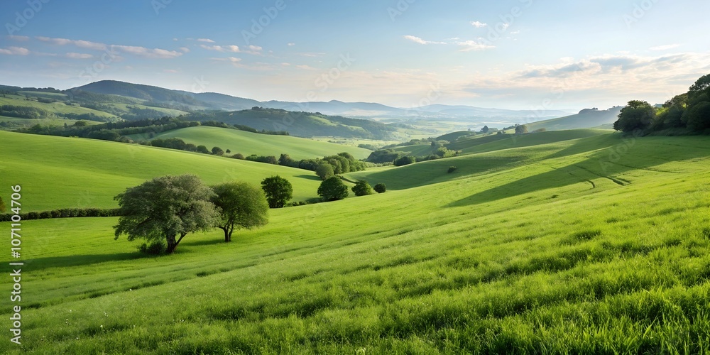 Tranquil green meadow in the morning with mountains and clouds. Peaceful natural landscape Tranquil green meadow in the morning with mountains and clouds. Peaceful natural landscape