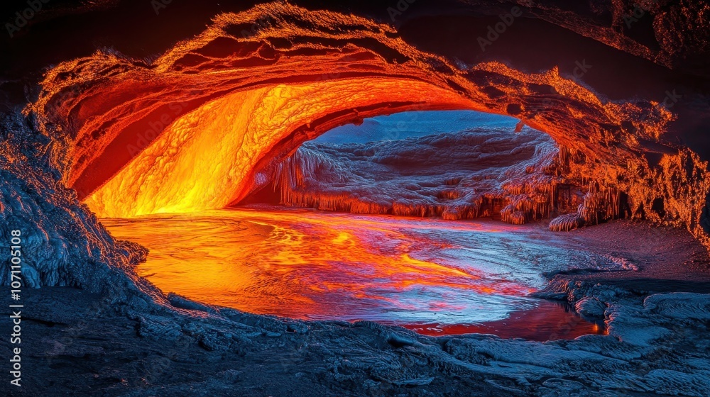 Fototapeta premium Dramatic Lava Flow Meeting Ocean Waves