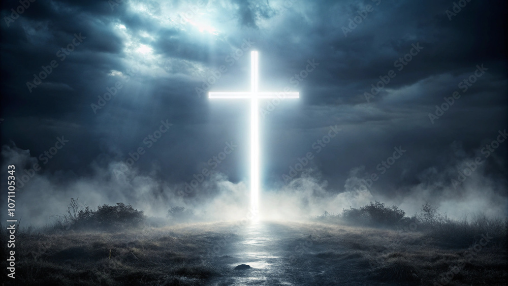 Fototapeta premium cross illuminating dark environment, atmospheric spiritual, Christianity, Jesus Christ, AI generated