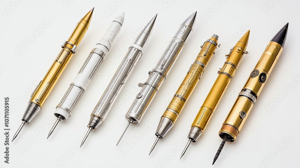 Various Rocket-Shaped Pens Arranged in a Row on a White Background Generative AI Various Rocket-Shaped Pens Arranged in a Row on a White Background Generative AI