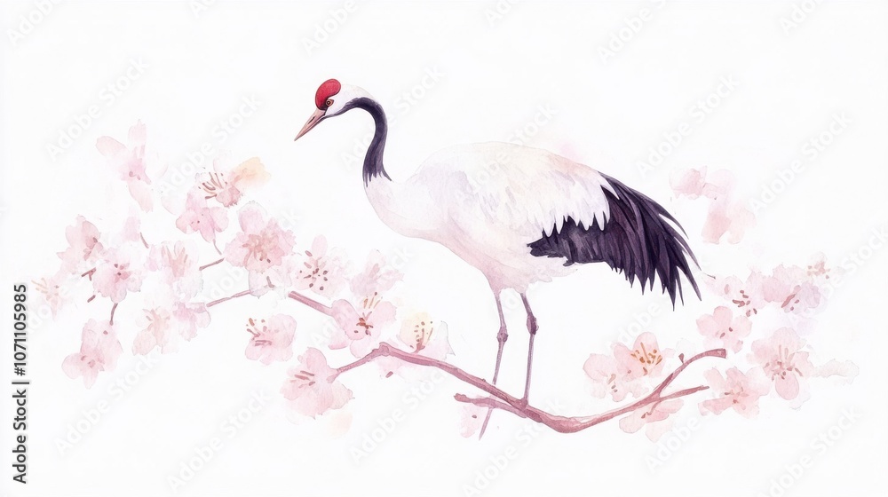 Crane on Blossoming Tree Branch Symbolizing Health Crane on Blossoming Tree Branch Symbolizing Health