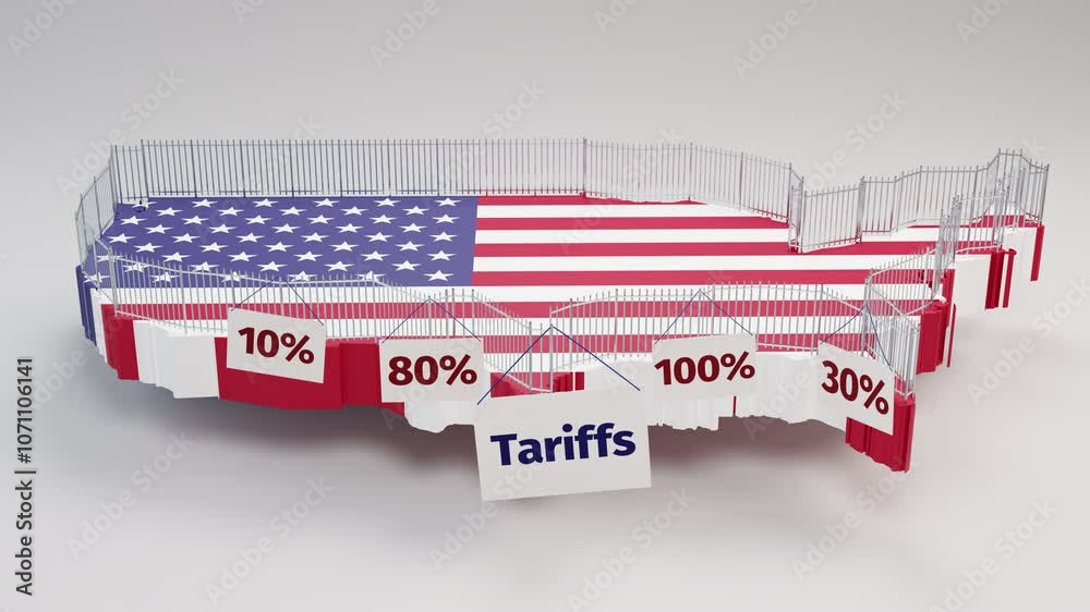 Concept: Trade protectionism by the United States of America by implementing tariffs. A security fence being built around a 3d map of the USA with signs 